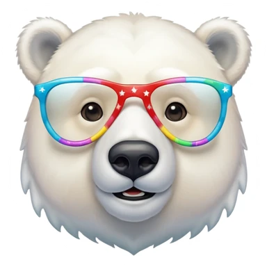 close up headshot of a friendly anthropomorphised polar bear wearing oversized colorful star glasses sticker