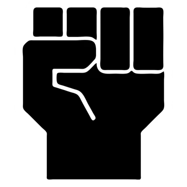 Powerful robot fist, blocky and mechanical, all fingers wider and the same height, solid grey filled icon style, transparent background. sticker