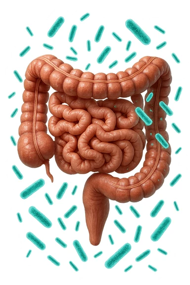 intestino umano anatomico realistico con batteri intestinali turchesi che fluttuano intorno, IPERREALISTICA 4K sticker