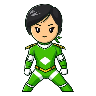 wasian girl in a green Power Ranger suit, black straight hair, black eyes sticker