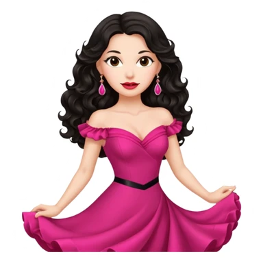 mature brunette girl, long black wavy hair, pink lipstick, red dance dress, big earrings, confident expression sticker