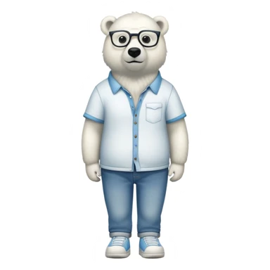 friendly anthropomorphised polar bear standing upright, looking relaxed, wearing a shirt, jeans, trainers, extravagant glasses sticker