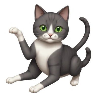 dark grey cat with green eyes, white toes/paws and white patch on her chest playfully rolling upside down sticker