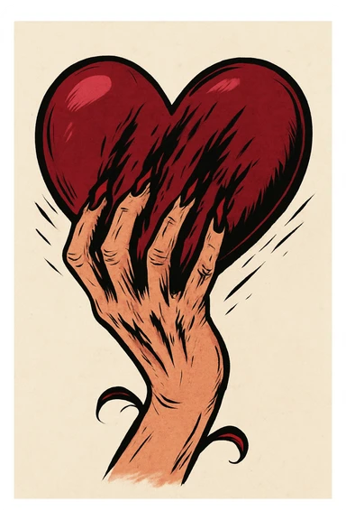 женская рука с маникюром вгоняет когти в винного цвета сердце и сильно раздирает царапает его (пальцы полусогнуты ногти вогнаны в царапины) рисованный стиль sticker