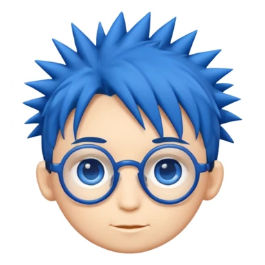 emoji style illustration of a chibi head inspired by
1,
big blue eyes, round glasses,
spiky dark blue hair,
cute flat emoji style,
simple clean lines,
white background,
high quality,
only head, no body sticker