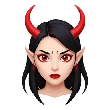 Head only demon girl, strong pronounced cheekbones, sharp angular jawline, skin fully pure red everywhere, long straight sleek black hair, small ho sticker
