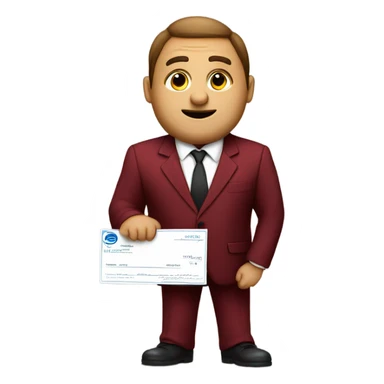 fat guy in dark red velvet suit holding cheque sticker