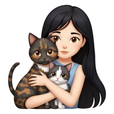 girl with black hair hugging three cats  (tortie cat, gray cat, brown calico cat) sticker