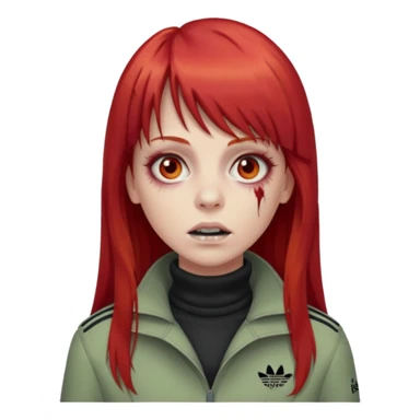 Crie um emoji de uma menina zumbi  com o cabelo vermelho longo com uma franja reta casaco de gola alta da adidas sticker