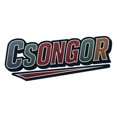 Csongor name in masculine, modern gradient font with dark contour, thin and clearly visible white border around letters, dynamic slanted underline, masculine color shades (blue, gray, burgundy, green, brown), 1000x1000 px, PNG, transparent background, in the style of the uploaded Attila sample. sticker