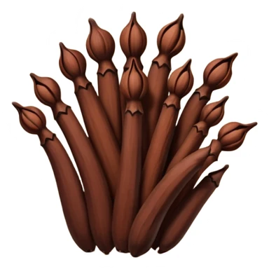 loose scatter of whole cloves, deep brown color, distinctive nail-like shape with rounded heads and tapered stems, dry woody slightly ridged texture, subtle color variations from dark mahogany to reddish brown, soft lighting, subtle shadows, emoji scale sticker