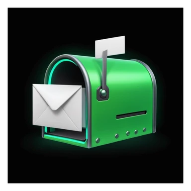 green mailbox robot icon, neon glow, black background, white envelope with code inside, centered, cyberpunk style, futuristic UI

 sticker