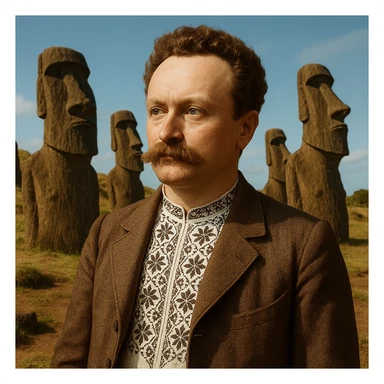 against the backdrop of statues on Easter Island sticker