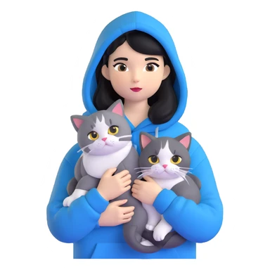 Girl with black hair in gray hoodie with a British shorthair blue and white cat and a long-haired blue and white cat sticker