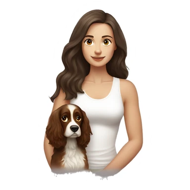 Russian woman with long dark brown hair in a white singlet sits with ocker spaniel sticker