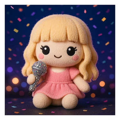 Pretty and girly Blonde pop star with bangs, holding a bedazzled microphone, reimagined as a soft kawaii plushie doll, with a nighttime concert backdrop with colorful confetti sticker