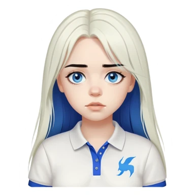 billie eilish long black hair blue eyes dark eyeliner makeup, wearing white polo shirt sticker