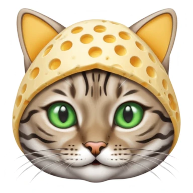 Sliver bengal cat with green eyes wearing a cheese hat sticker