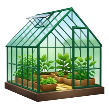 A 3D cartoon greenhouse filled with green plants and sunlight streaming through glass panels, earthy floor, bright natural light, Memoji-style texture and depth. sticker