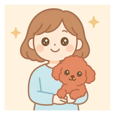 a cheerful woman and her red toy poodle, adorable and loving, light colors, subtle background sticker