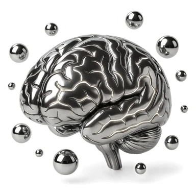 stylized chrome brain with glowing lines and floating chrome bubbles, symbolizing thought sticker