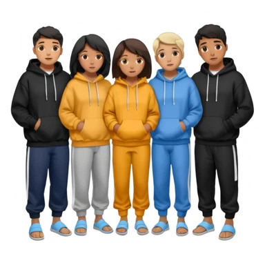 four mixed race friends all wearing oversized hoodies, sweatpants, and slides huddled together in a circle  sticker