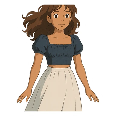 tan girl with wavy hair, white long skirt, navy blue ruched square neck crop top sticker