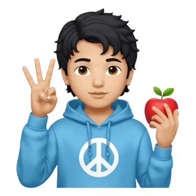 An indian boy in a light blue hoodie with wavy flow hairstyle showing peace sign, with black hair color, apple memoji style sticker