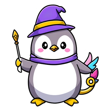 penguin wizard with a staff and hat surrounded by a small dragon, fairy, and unicorn sticker