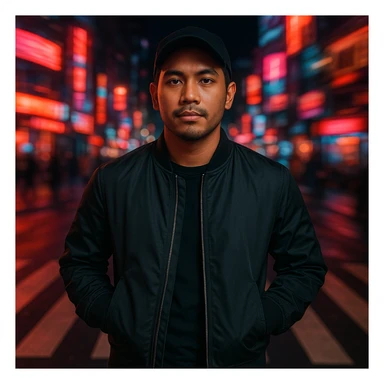 Create a cinematic photo of a Southeast Asian man in his early 30s with sawo matang skin, standing in a crosswalk at night with neon city background and spiral motion blur. The man has hands in pockets, black cap, bomber jacket, confident and calm expression, soft light on face, urban nightlife, fashion editorial look. Use the reference image for facial structure. sticker