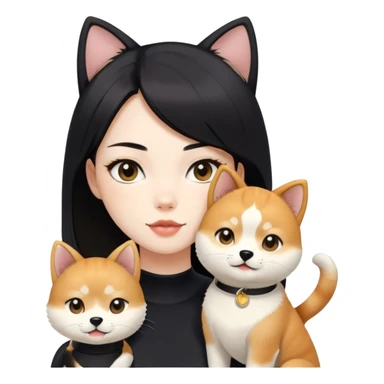 girl with black shoulder-length hair wearing a black tight-fitting top with a calico cat with white mouth and a shiba inu dog sticker
