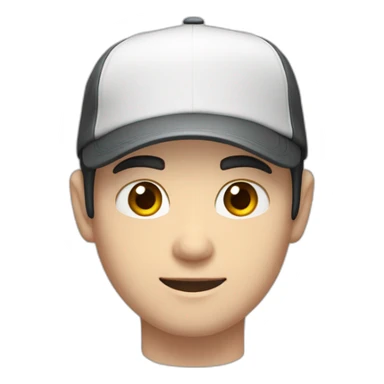 Pale skinned Man with black hair in a white cap and dark gray polo T-shirt with a box into his hands sticker