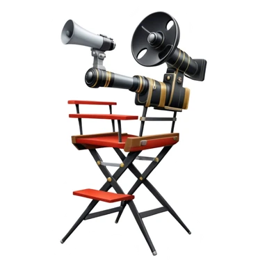 Icon for Directing: a director’s chair, a film camera, a megaphone, symbolizing the essence of film direction. The design should represent the creativity, leadership, and technical skill of directing in theater and cinema. Transparent background. sticker