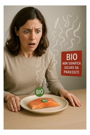 Donna tra i 30 e i 40 anni, seduta a tavola con espressione sorpresa e preoccupata mentre guarda un piatto elegante di salmone crudo etichettato 'BIO'. In trasparenza sopra il salmone si vedono parassiti intestinali stilizzati, come larve o vermi sottili, fluttuanti nell’aria. Accanto al piatto, una scritta fluttuante in stile etichetta rossa avverte: 'BIO non significa sicuro da parassiti'. Atmosfera visivamente pulita ma con tensione sottile, colori realistici con accento sul contrasto tra immagine 'salutare' e minaccia invisibile sticker