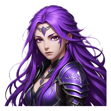 A mysterious warrior girl with long, flowing purple hair cascading down her back, strands catching the dim light like silk. Her piercing violet eyes glow beneath her furrowed brow, sharp with determination and wisdom beyond her years. She wears sleek black armor, a perfect fusion of elegance and lethality, adorned with intricate silver engravings resembling ancient runes. A dark cape billows behind her, torn at the edges from countless battles. sticker