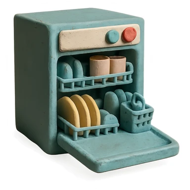 claymation style dishwasher with open door and clean dishes inside, pastel colors, visible fingerprints, soft matte finish sticker