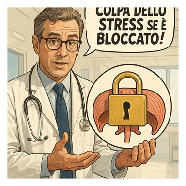 hyper realistic doctor holding a stylized diaphragm with a large padlock, explanatory expression, comic style with the phrase 'Colpa dello stress se è bloccato!', realistic details, bright clinical atmosphere sticker