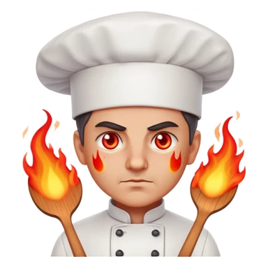 focused chef with glowing red eyes, flames bursting sticker