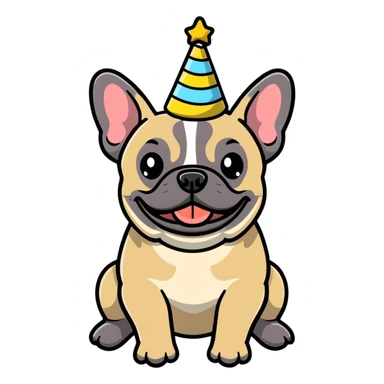 Brindle French Bulldog holding a happy birthday sign sticker
