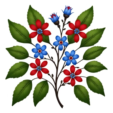 dull green leaves & red & blue flowers filigree design, small fruits, ebony branches, extremely detailed, complex design sticker