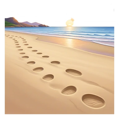 A quiet beach at sunset. **Baby footsteps trail behind larger ones**, slowly fading into the sand. As the tide nears, the **small steps merge with the adult’s**, past and present walking together toward the horizon. sticker