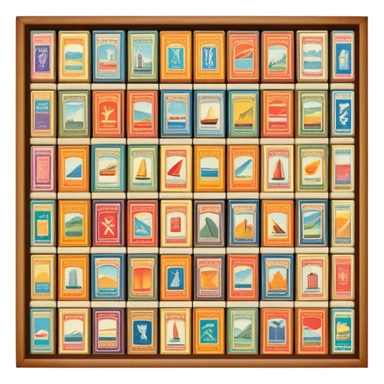 Icon for Matchbox Collecting: a collection of vintage and colorful matchboxes from different places, neatly displayed in a row or in a display case. The icon should reflect the uniqueness and diversity of matchbox collecting. Transparent background. sticker