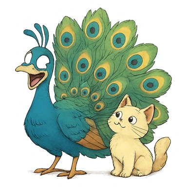 silly peacock with a cat in ghibli style sticker