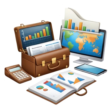 Icon for Business Reading: an open book with a graph and financial charts, a briefcase, a calculator, and a laptop nearby. The icon should represent the world of business, finance, and professional growth. Transparent background. sticker