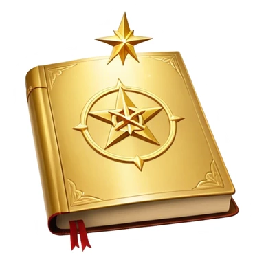 A shimmering gold book with a radiant glow, floating slightly as if under a spotlight. Its cover features a bold, star-like sigil ✨, symbolizing influence and magnetism. Light halo effects or sparkles surround it, giving off an aura of effortless charm and star power. sticker