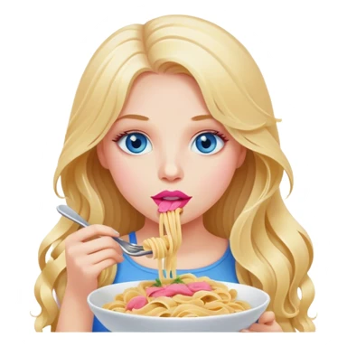 Cinematic realistic blonde with long hair, blue eyes and pink lips eats pasta sticker
