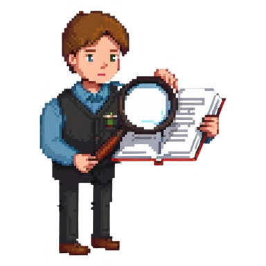 curious person with magnifying glass examining book sticker