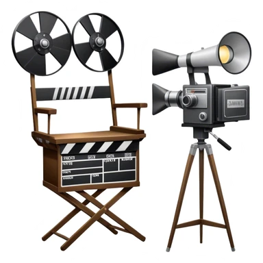Icon for Directing: a director's chair, a film clapperboard, large movie camera, vintage megaphone and a stage with a spotlight. The icon should represent the creative and organizational aspects of directing, with focus on storytelling, staging, and performance. Transparent background. sticker
