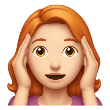 woman redhead who is covering her ears with hand sticker