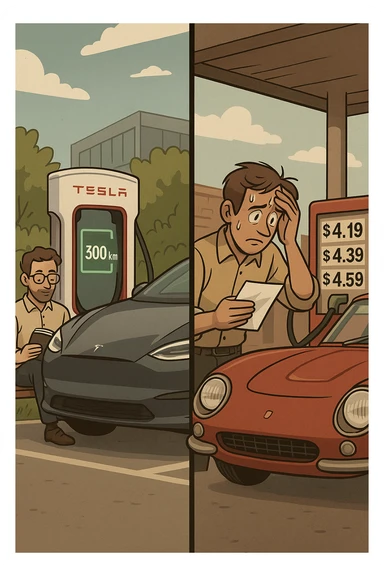 "Tesla Model S at charging station with owner reading book peacefully, battery indicator showing sufficient charge for 300km journey, versus vintage Italian sports car at gas station with owner anxiously calculating fuel costs, pump prices visible showing expensive gasoline, stress lines on traditional car owner's face, modern vs classic automotive philosophy clash" sticker